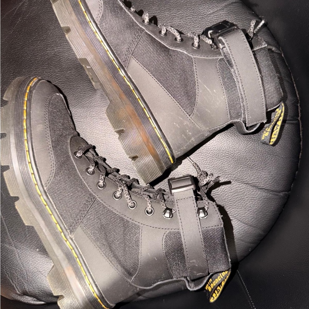 Dr. Martens Black Leather Lace-Up Combs Boots with Yellow Stitching